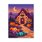 A whimsical purple cottage surrounded by pumpkins and colorful sweets beneath a crescent moon - Halloween paint by numbers artwork