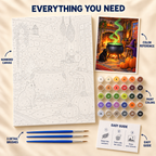 Witch’s Brew Halloween paint by numbers kit showing numbered canvas, paint pots, three brushes, color reference and guide