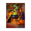 A steaming green cauldron above a fire in a cozy stone kitchen with a black cat and pumpkins - Halloween paint by numbers artwork