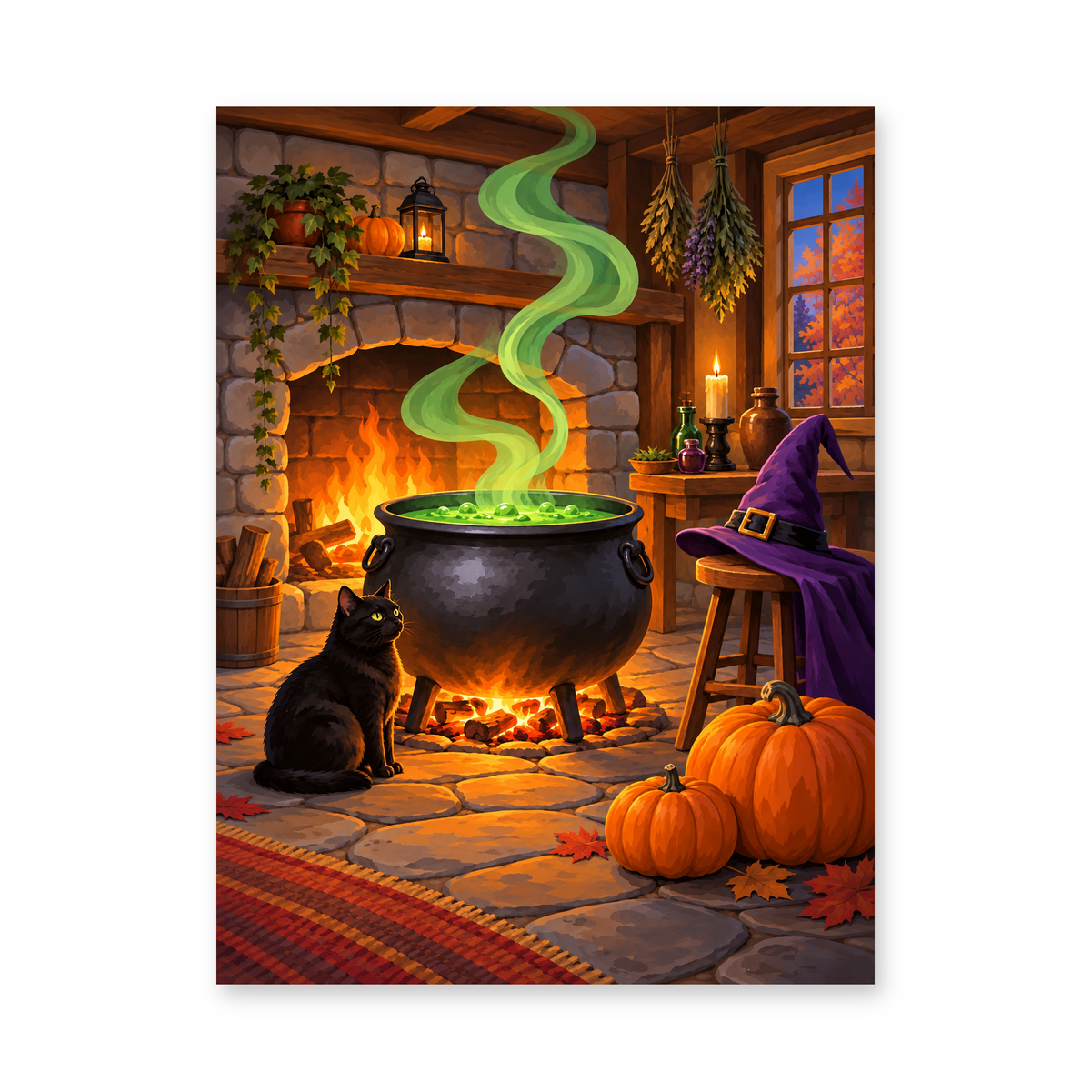 A steaming green cauldron above a fire in a cozy stone kitchen with a black cat and pumpkins - Halloween paint by numbers artwork