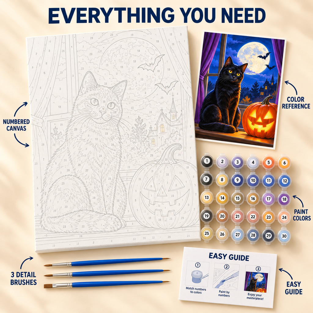 Moonlit Black Cat Halloween paint by numbers kit showing numbered canvas, paint pots, three brushes, color reference and guide
