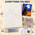 Moonlit Black Cat Halloween paint by numbers kit showing numbered canvas, paint pots, three brushes, color reference and guide