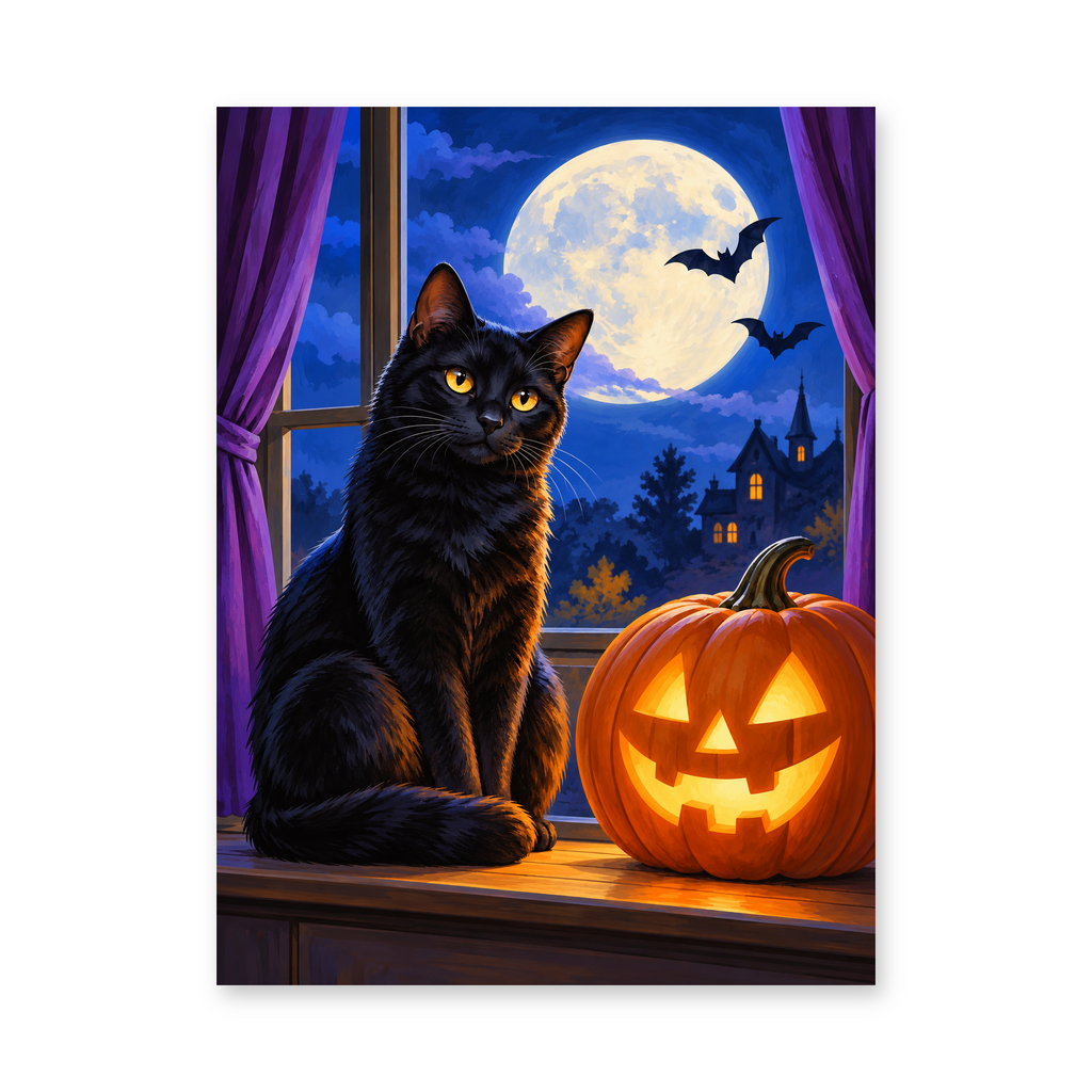 A black cat beside a glowing jack-o-lantern on a windowsill with a full moon and flying bats outside - Halloween paint by numbers artwork
