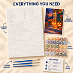 Pumpkin Porch Halloween paint by numbers kit showing numbered canvas, paint pots, three brushes, color reference and guide
