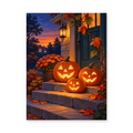 Three glowing jack-o-lanterns on autumn steps beside a lantern-lit doorway at dusk - Halloween paint by numbers artwork