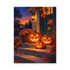 Three glowing jack-o-lanterns on autumn steps beside a lantern-lit doorway at dusk - Halloween paint by numbers artwork