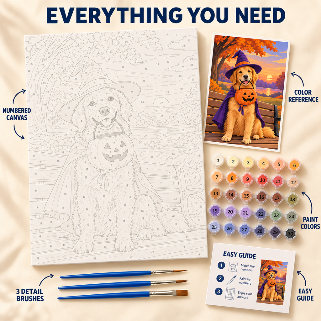 Pumpkin Pup Halloween paint by numbers kit showing numbered canvas, paint pots, three brushes, color reference and guide