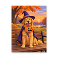 A golden dog in a purple witch hat and cape wearing a pumpkin bucket on an autumn park bench - Halloween paint by numbers artwork