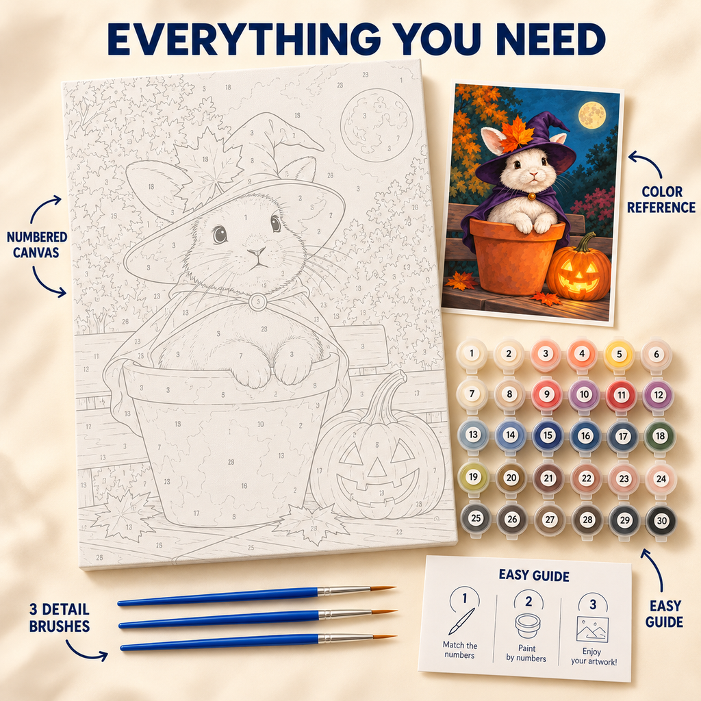 Witch Hat Bunny Halloween paint by numbers kit showing numbered canvas, paint pots, three brushes, color reference and guide