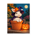A white rabbit wearing a purple witch hat sitting in a terracotta pot beside a pumpkin lantern - Halloween paint by numbers artwork