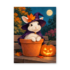A white rabbit wearing a purple witch hat sitting in a terracotta pot beside a pumpkin lantern - Halloween paint by numbers artwork