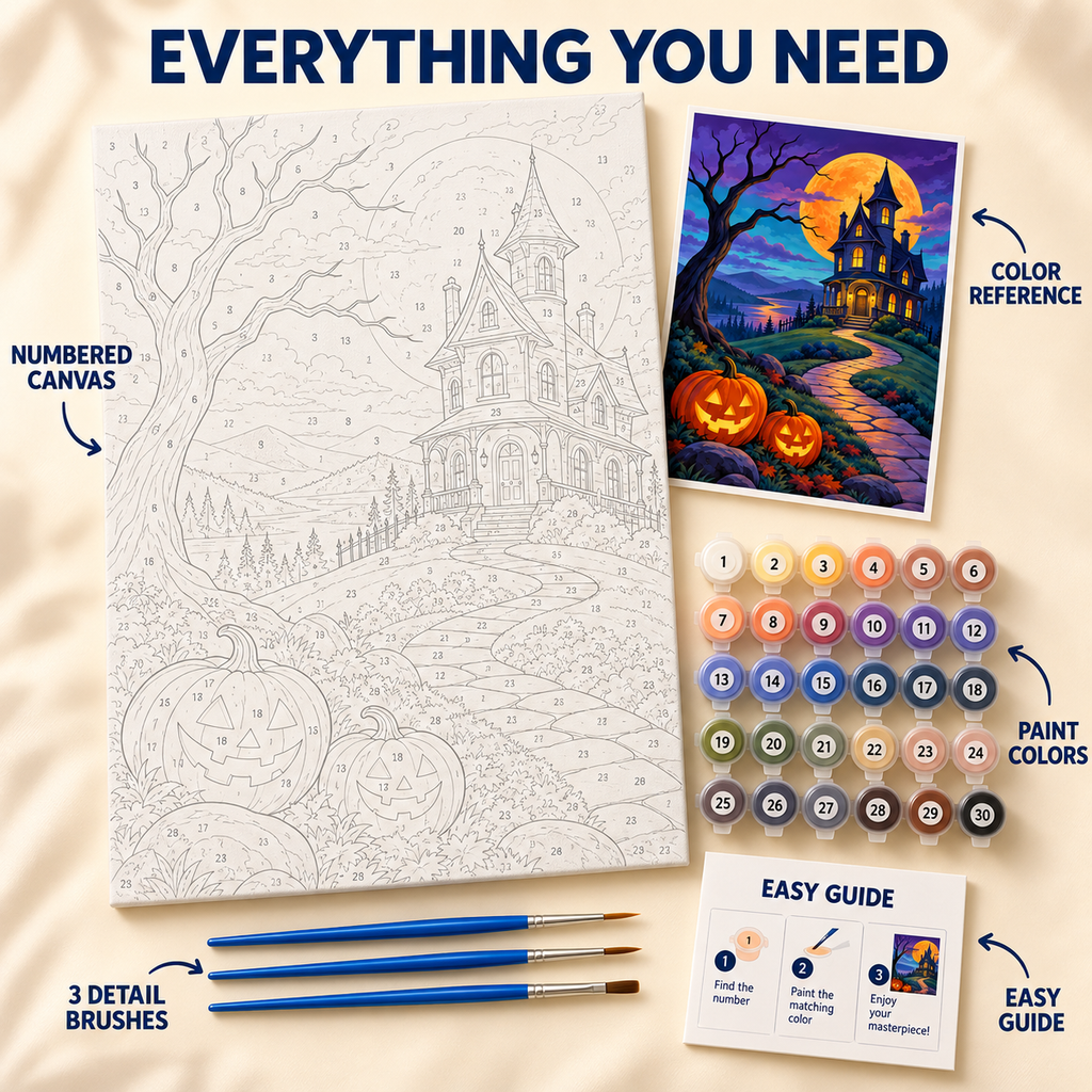 Haunted Manor Halloween paint by numbers kit showing numbered canvas, paint pots, three brushes, color reference and guide
