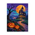 A tall haunted house beneath an orange full moon with bare trees and jack-o-lanterns along a winding path - Halloween paint by numbers artwork