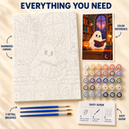 Ghostly Bookworm Halloween paint by numbers kit showing numbered canvas, paint pots, three brushes, color reference and guide