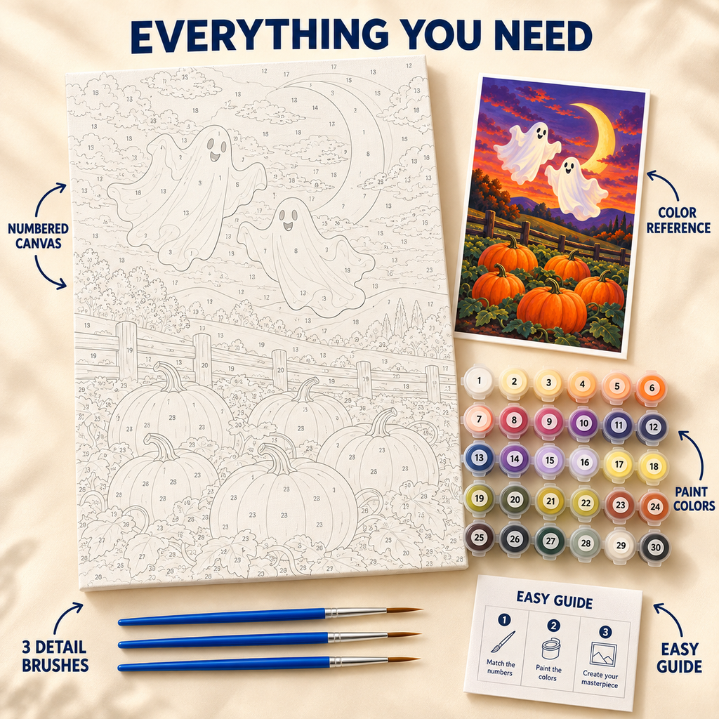 Pumpkin Patch Ghosts Halloween paint by numbers kit showing numbered canvas, paint pots, three brushes, color reference and guide