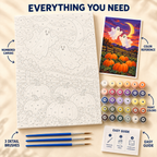 Pumpkin Patch Ghosts Halloween paint by numbers kit showing numbered canvas, paint pots, three brushes, color reference and guide