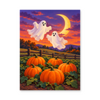 Two friendly ghosts floating above an autumn pumpkin patch beneath a golden crescent moon - Halloween paint by numbers artwork