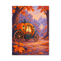 An illuminated pumpkin carriage on an autumn woodland path with a distant castle - Halloween paint by numbers artwork