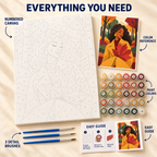Autumn Embrace paint by numbers kit showing numbered canvas, paint pots, three brushes, color reference and guide