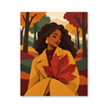 A woman wrapped in golden fabric holding a red maple leaf in a warm autumn woodland - portrait paint by numbers artwork