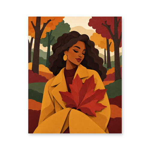 A woman wrapped in golden fabric holding a red maple leaf in a warm autumn woodland - portrait paint by numbers artwork
