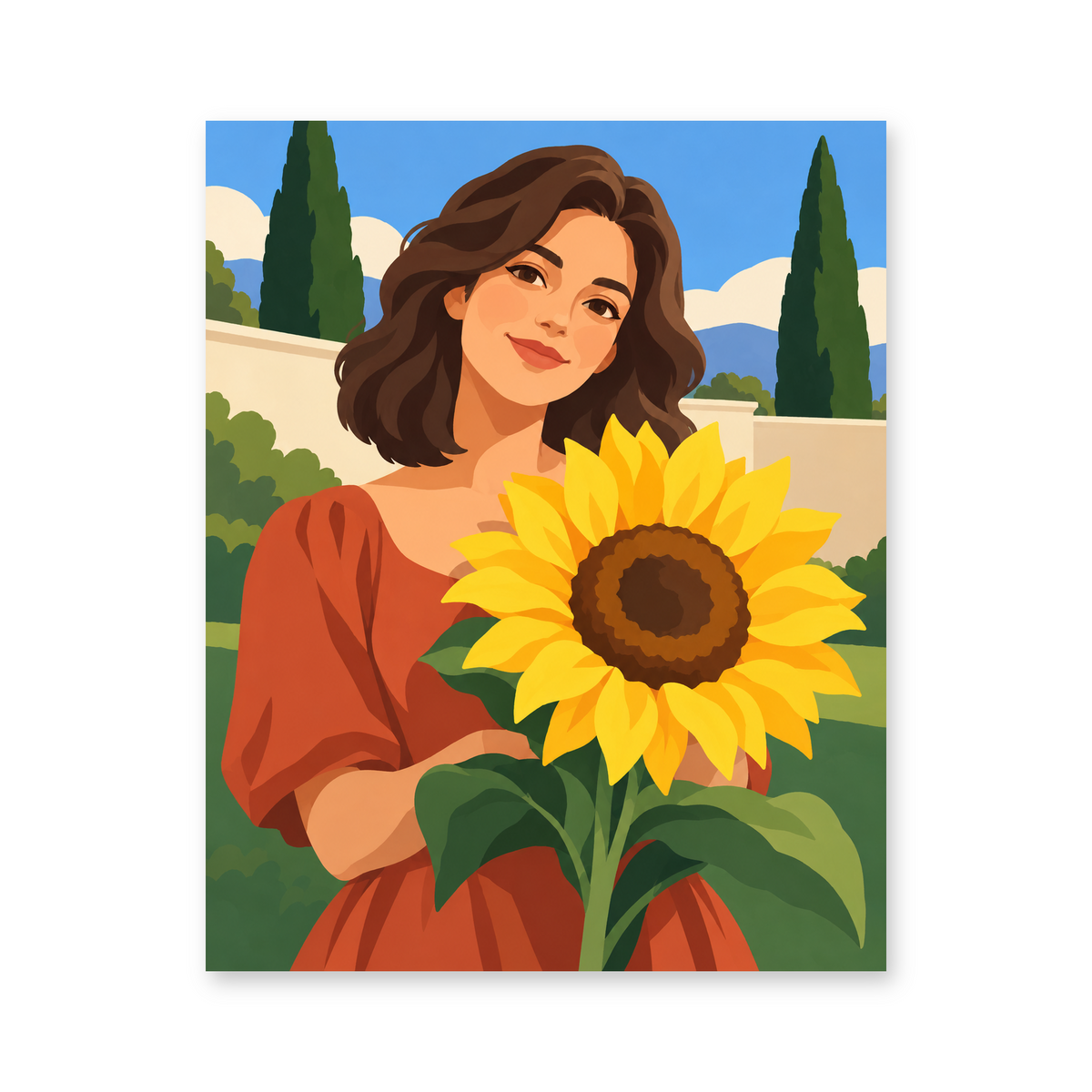 A woman in a rust-colored dress holding a large sunflower in a sunlit courtyard - portrait paint by numbers artwork