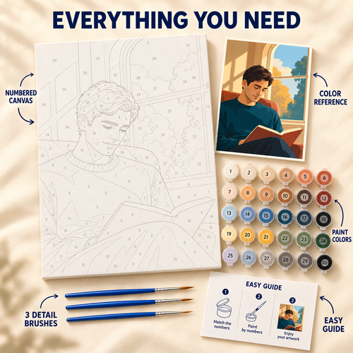 Afternoon Reading paint by numbers kit showing numbered canvas, paint pots, three brushes, color reference and guide