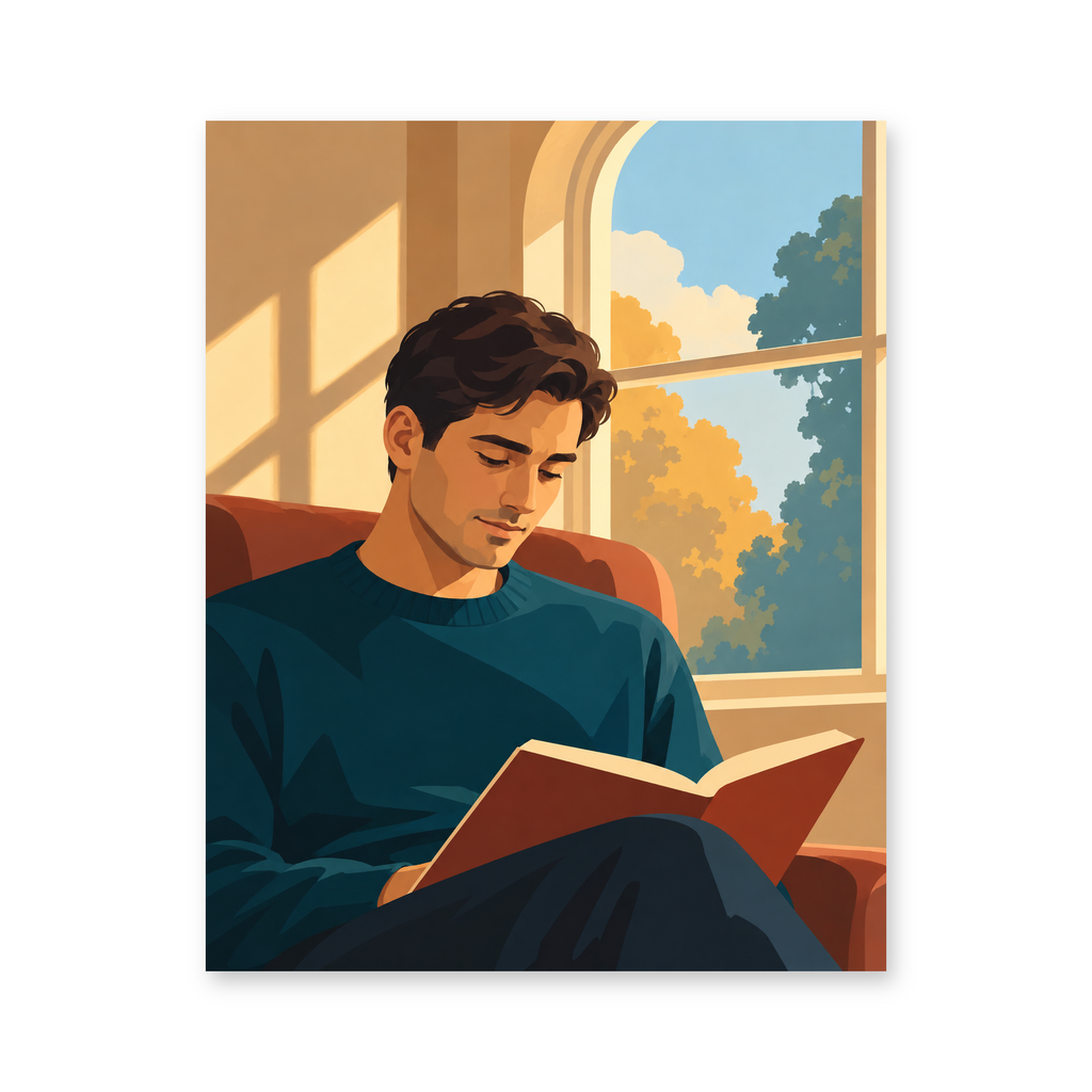 A young man in a dark green sweater reading a book beside a sunlit window - portrait paint by numbers artwork