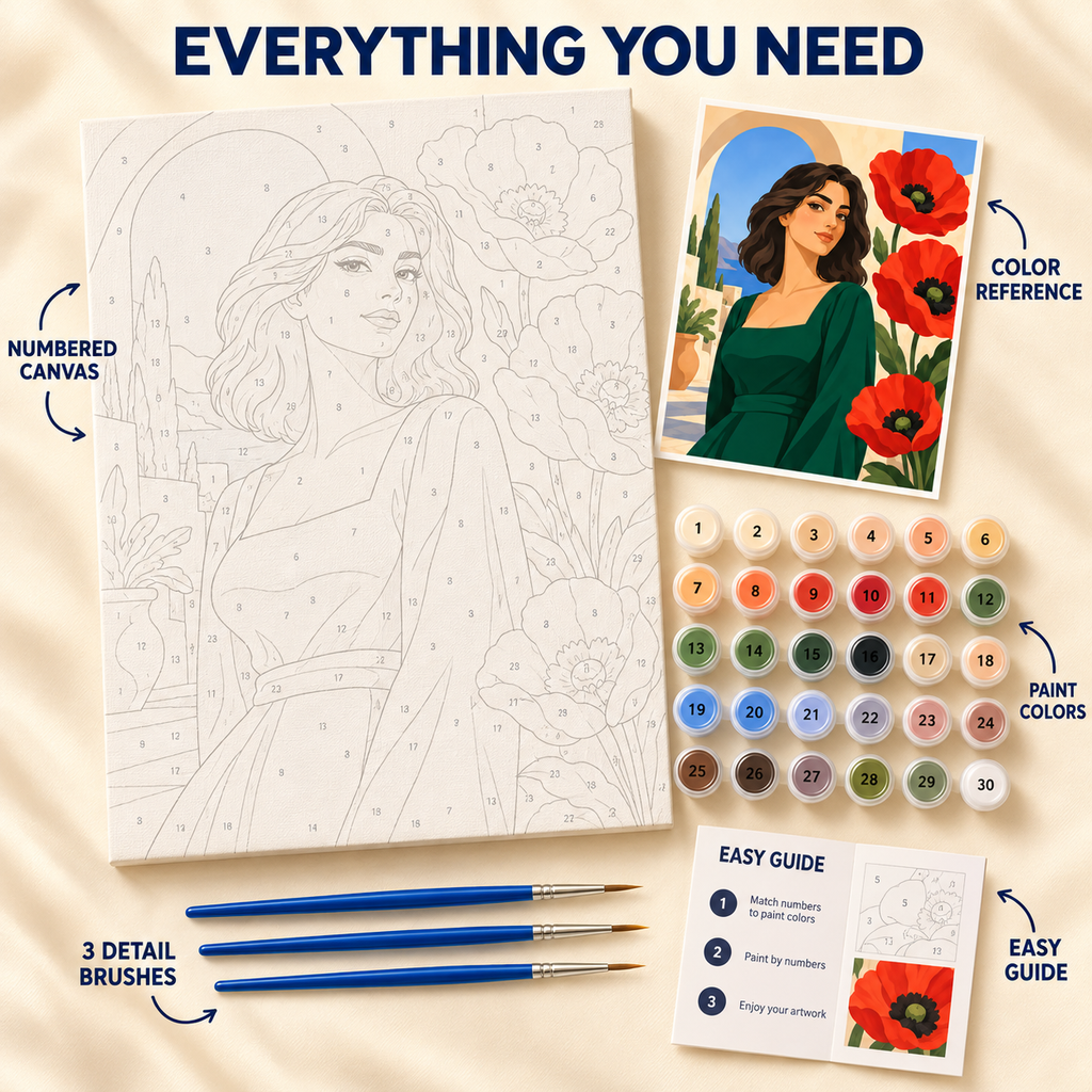 Poppy Muse paint by numbers kit showing numbered canvas, paint pots, three brushes, color reference and guide