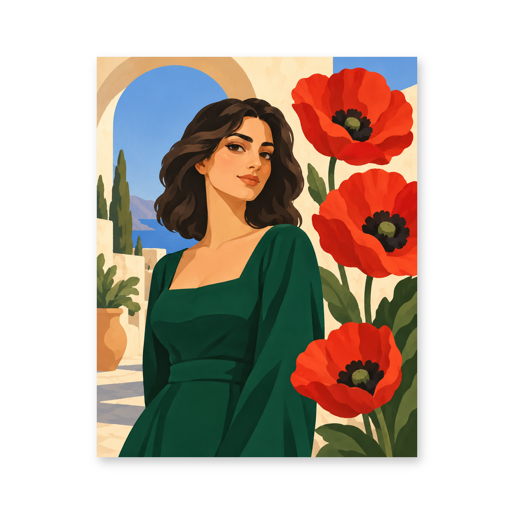 A woman wearing an emerald green dress beside large red poppies and a sunlit stone arch - portrait paint by numbers artwork