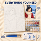 Winter Window paint by numbers kit showing numbered canvas, paint pots, three brushes, color reference and guide