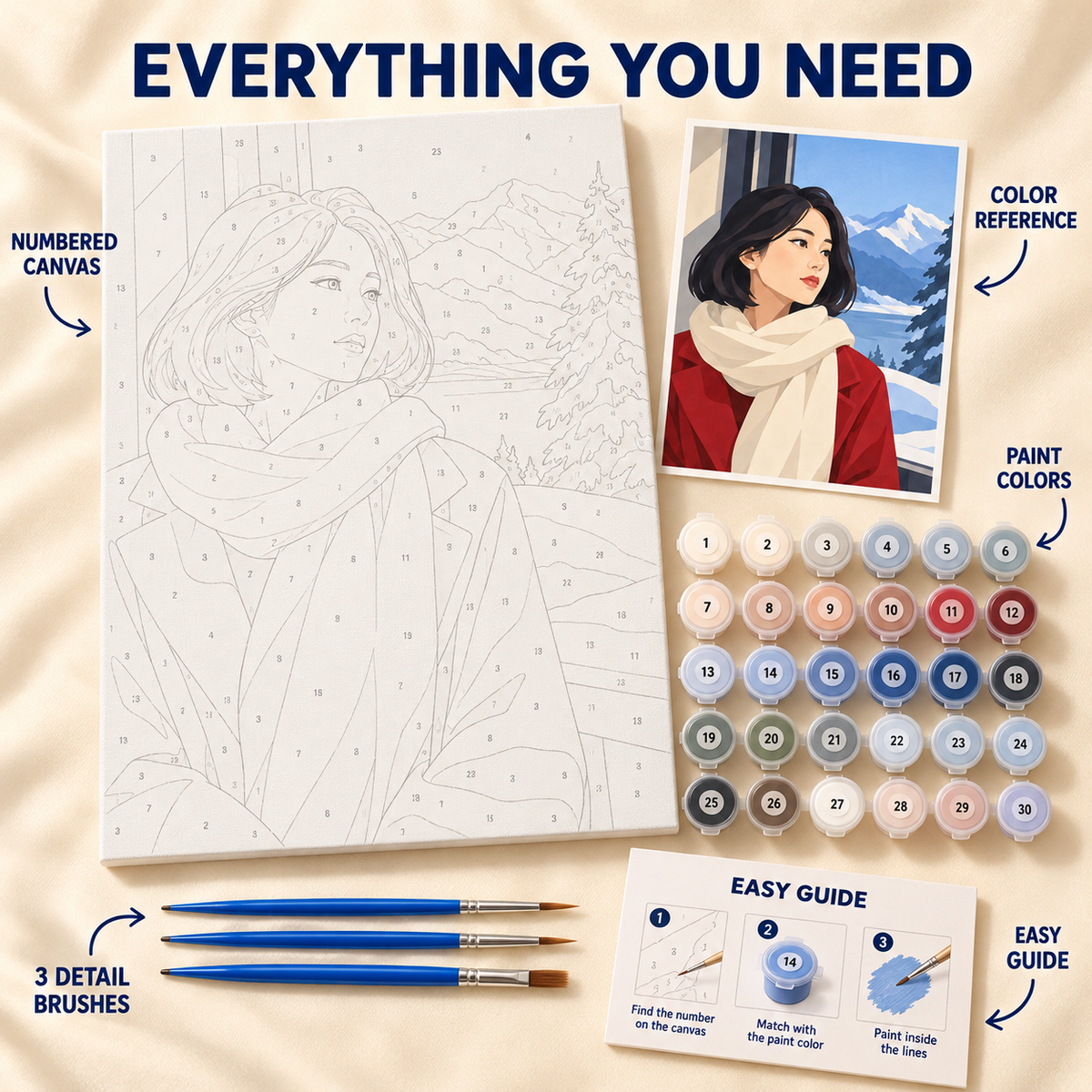 Winter Window paint by numbers kit showing numbered canvas, paint pots, three brushes, color reference and guide