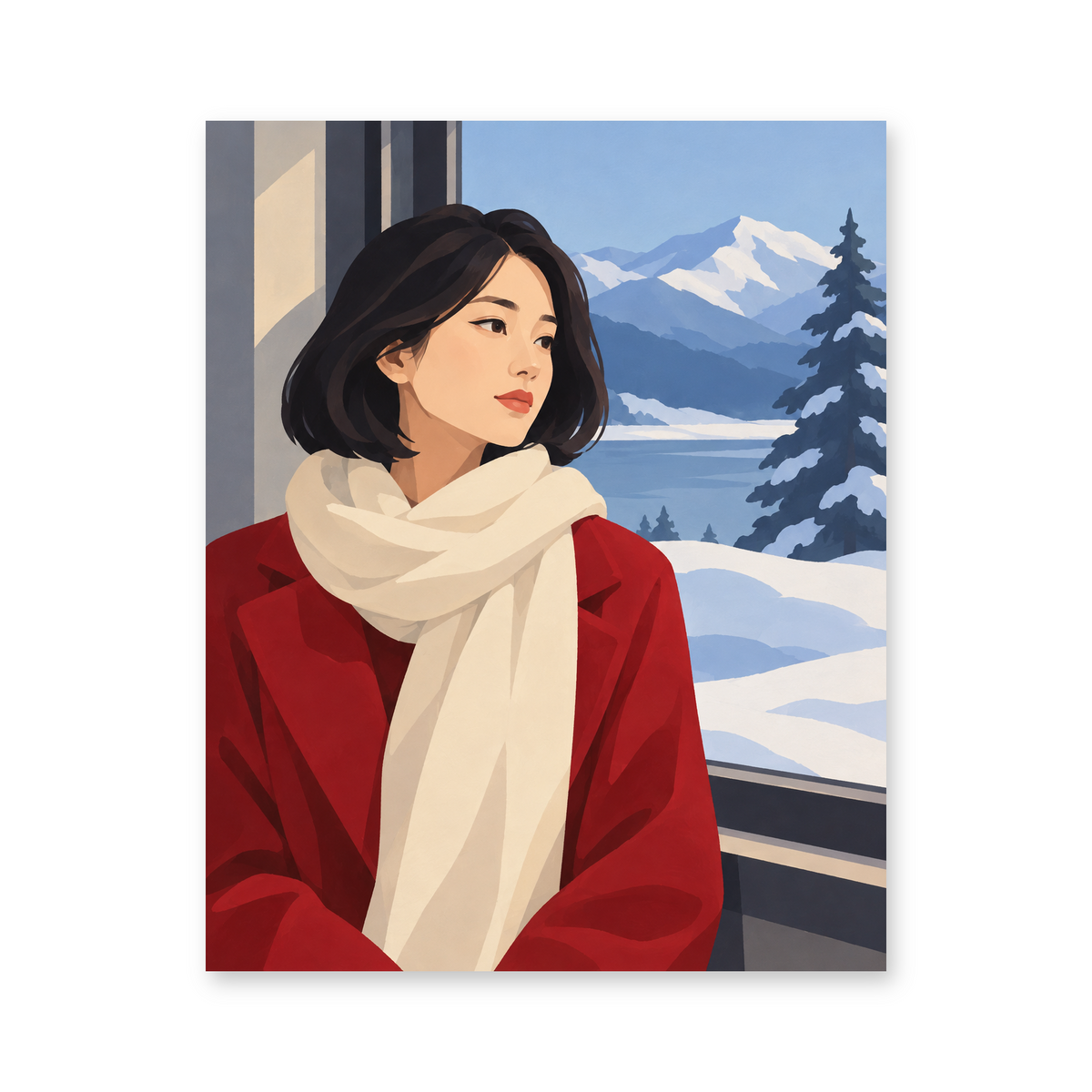 A woman in a red coat and cream scarf beside a window overlooking snowy trees and mountains - portrait paint by numbers artwork