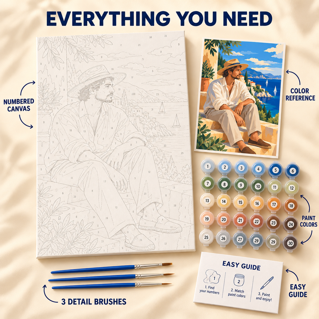 Coastal Ease paint by numbers kit showing numbered canvas, paint pots, three brushes, color reference and guide