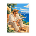 A man in a straw hat and cream clothing seated on a sunny Mediterranean terrace overlooking the sea - portrait paint by numbers artwork
