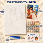 Terrace Reading paint by numbers kit showing numbered canvas, paint pots, three brushes, color reference and guide