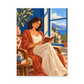 A woman in a cream dress and rust-colored cardigan reading beside an open window overlooking blue water - portrait paint by numbers artwork