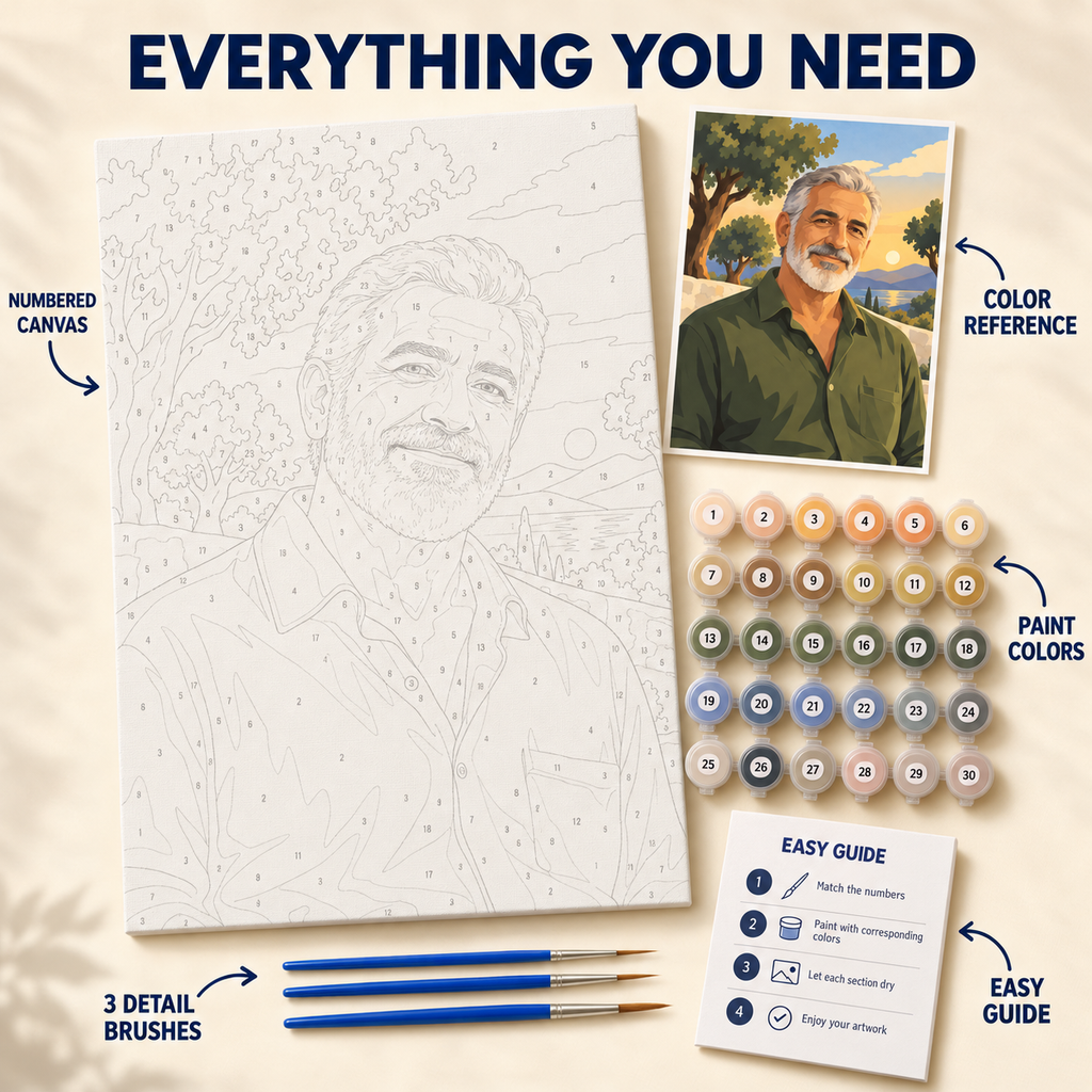 Olive Grove Portrait paint by numbers kit showing numbered canvas, paint pots, three brushes, color reference and guide