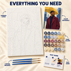 Yellow Umbrella paint by numbers kit showing numbered canvas, paint pots, three brushes, color reference and guide