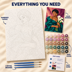 Calla Elegance paint by numbers kit showing numbered canvas, paint pots, three brushes, color reference and guide