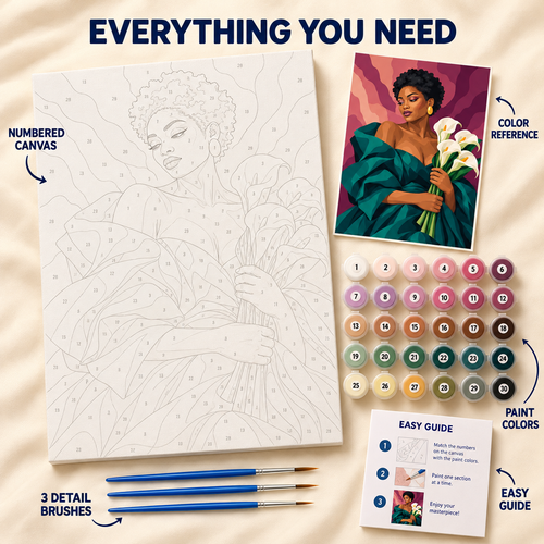 Calla Elegance paint by numbers kit showing numbered canvas, paint pots, three brushes, color reference and guide