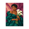 A woman in an emerald dress holding white calla lilies against a rich magenta backdrop - portrait paint by numbers artwork