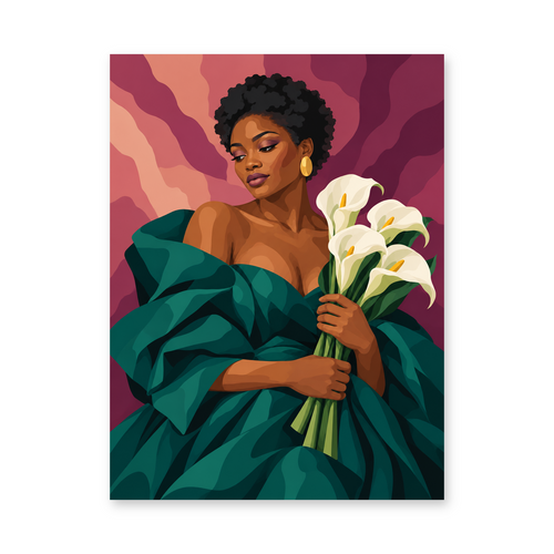 A woman in an emerald dress holding white calla lilies against a rich magenta backdrop - portrait paint by numbers artwork