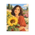 A woman holding a sunflower amid colorful garden flowers with distant hills and tall trees - portrait paint by numbers artwork