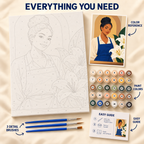 Lily Workshop paint by numbers kit showing numbered canvas, paint pots, three brushes, color reference and guide