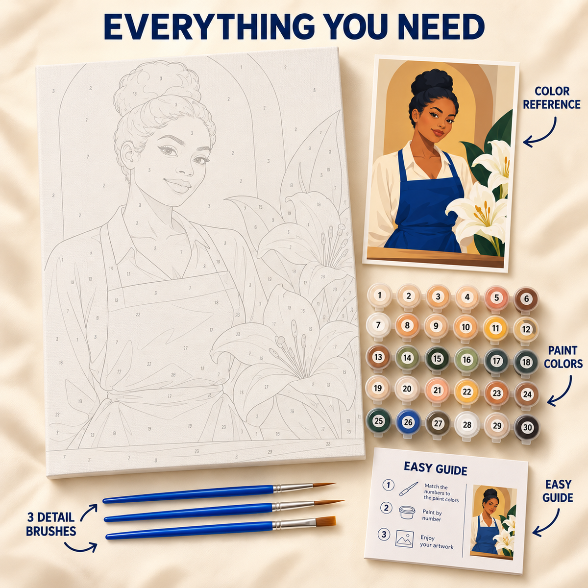 Lily Workshop paint by numbers kit showing numbered canvas, paint pots, three brushes, color reference and guide