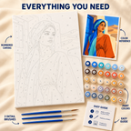 Desert Doorway paint by numbers kit showing numbered canvas, paint pots, three brushes, color reference and guide