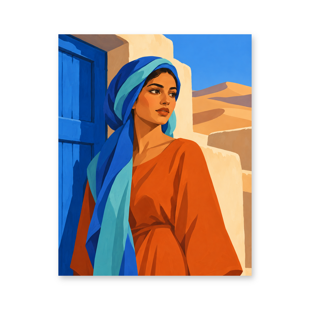 A woman in an orange robe and blue headscarf beside a vivid blue doorway with desert dunes beyond - portrait paint by numbers artwork