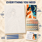 Crescent Muse paint by numbers kit showing numbered canvas, paint pots, three brushes, color reference and guide