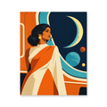 A woman in flowing orange and cream clothing against an abstract night sky with a crescent moon - portrait paint by numbers artwork